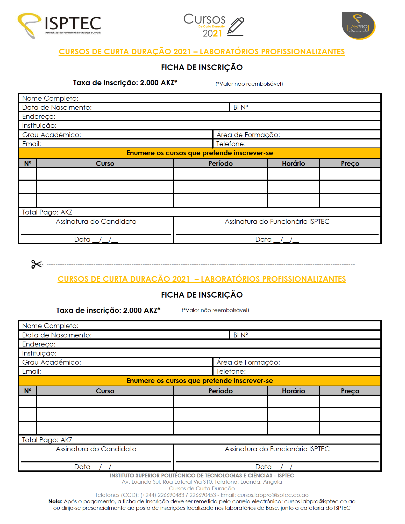 INSCRIÇÕES ABERTAS PARA CURSOS DE CURTA DURAÇÃO FEVEREIRO 2021