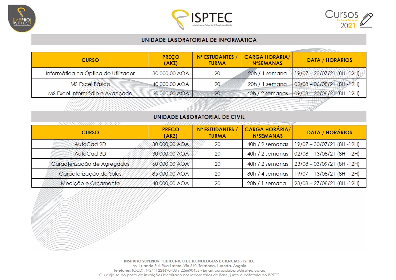 INSCRIÇÕES ABERTAS - CURSOS DE CURTA DURAÇÃO