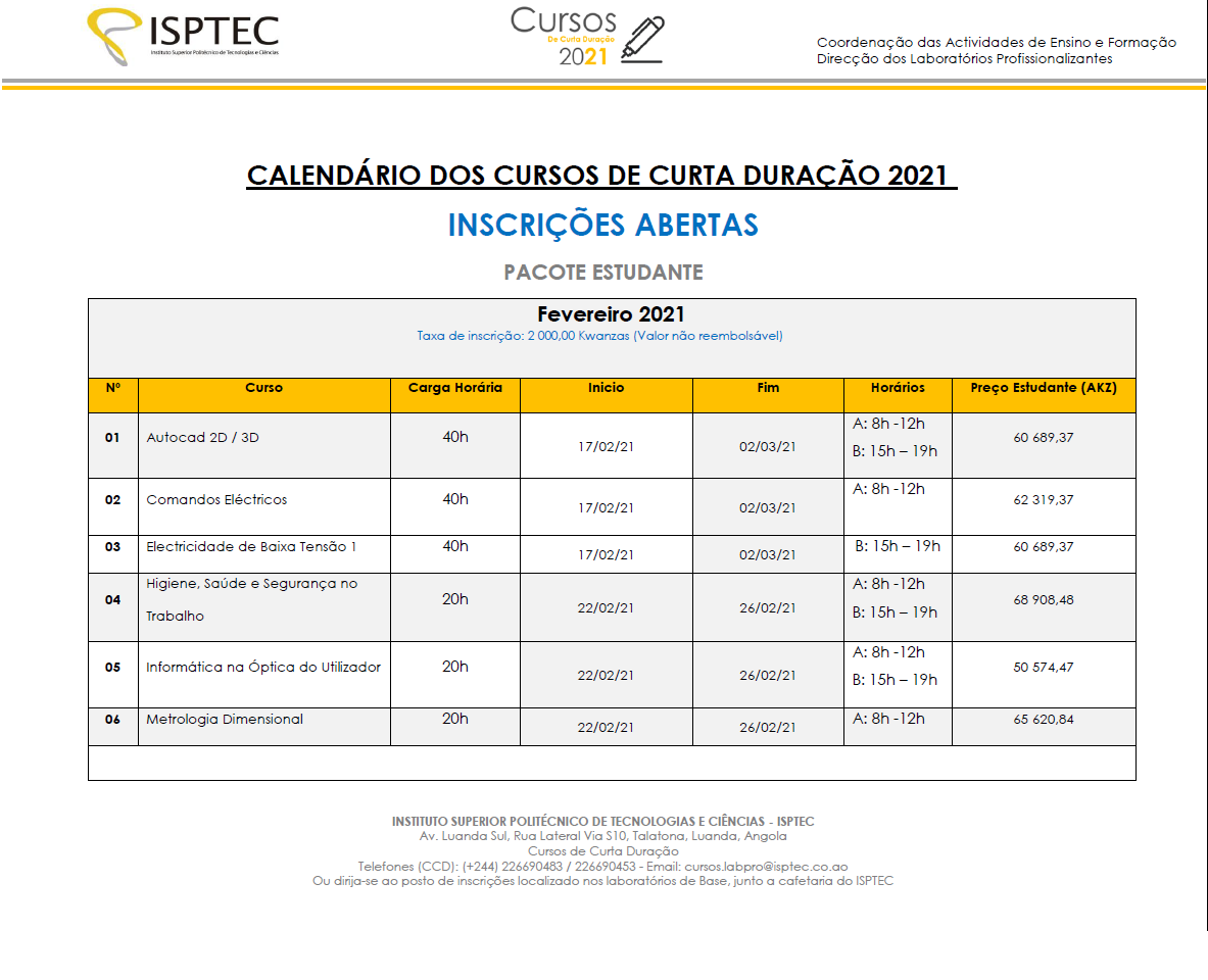 INSCRIÇÕES ABERTAS PARA CURSOS DE CURTA DURAÇÃO FEVEREIRO 2021